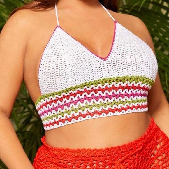 Plus Knit Chevron Pattern Crochet Knit Halter Top Crop Backless 3x 18 - Picture 3 of 3